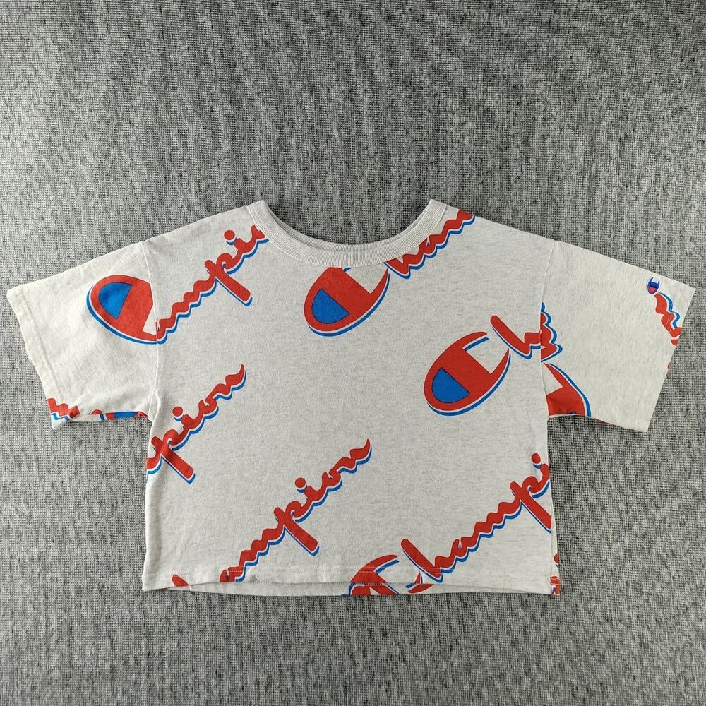 Champion Heritage Women's Size S Gray All Over Print Script Logo Crop Top Tee